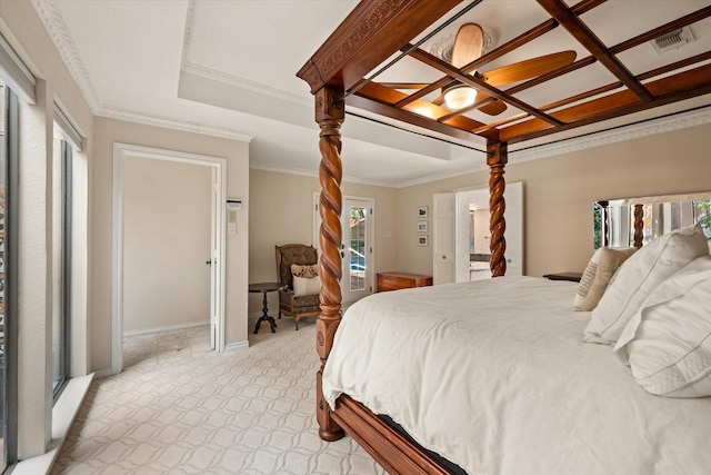 bedroom with light colored carpet, ornamental molding, and multiple windows