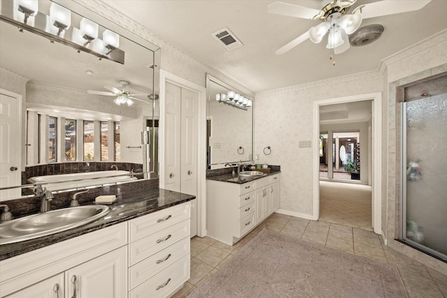 bathroom featuring tile patterned flooring, vanity, separate shower and tub, and ceiling fan