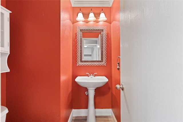 bathroom with hardwood / wood-style floors