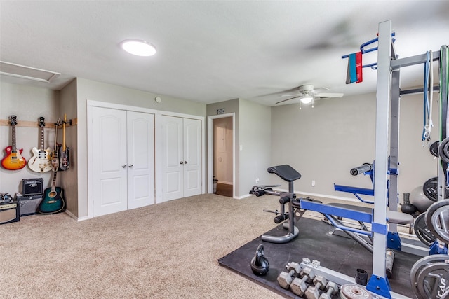 exercise area featuring ceiling fan and carpet