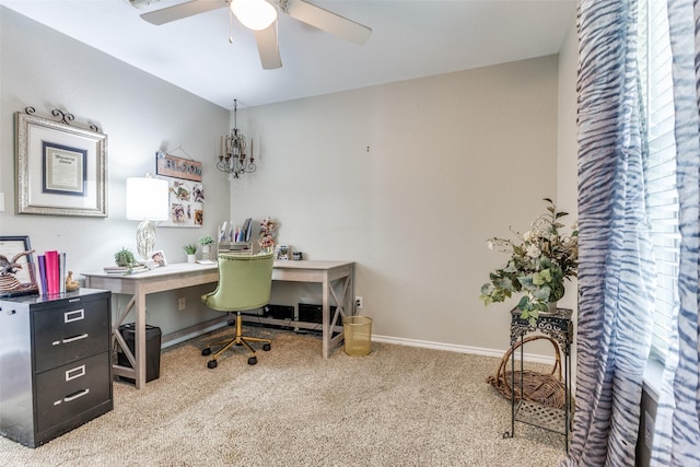 office area featuring ceiling fan and light colored carpet