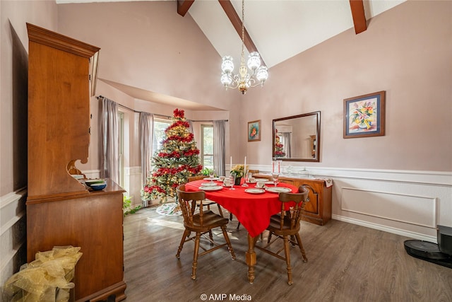 dining space with beamed ceiling, dark hardwood / wood-style flooring, high vaulted ceiling, and a notable chandelier