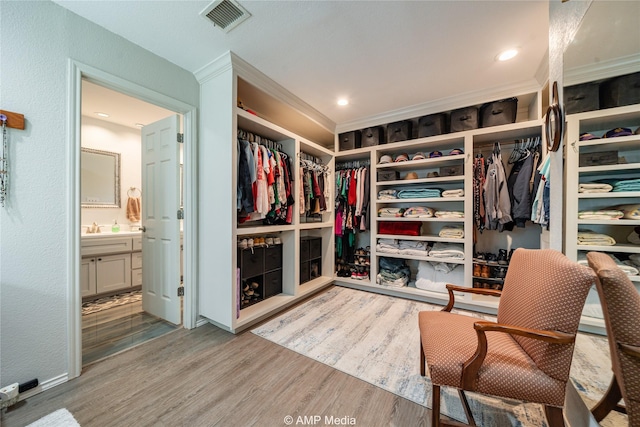 walk in closet featuring light hardwood / wood-style flooring