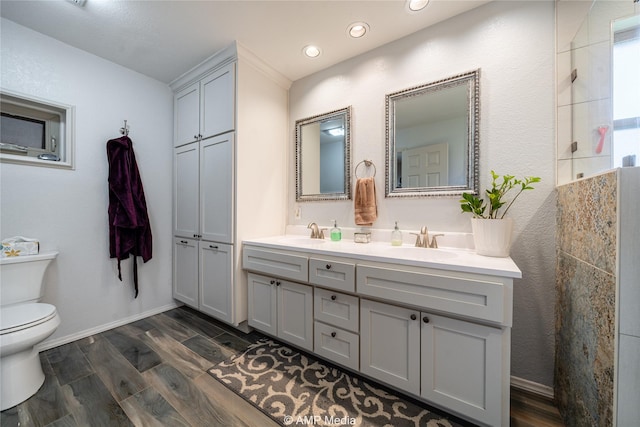 bathroom featuring wood-type flooring, vanity, and toilet