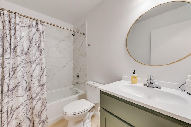 full bathroom with shower / tub combo with curtain, vanity, and toilet