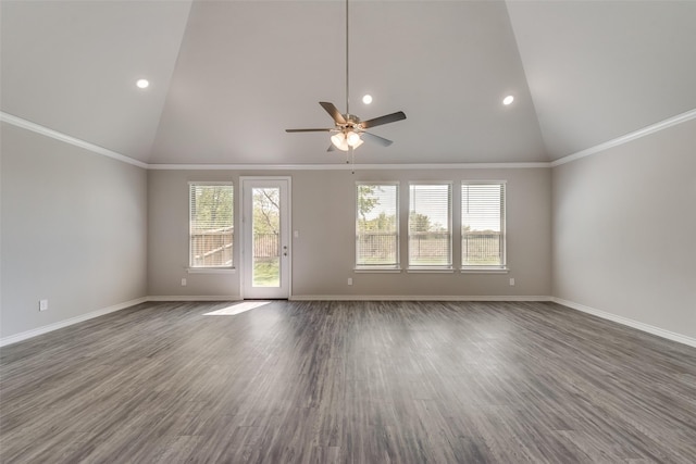 unfurnished living room featuring ceiling fan, dark hardwood / wood-style flooring, crown molding, and high vaulted ceiling