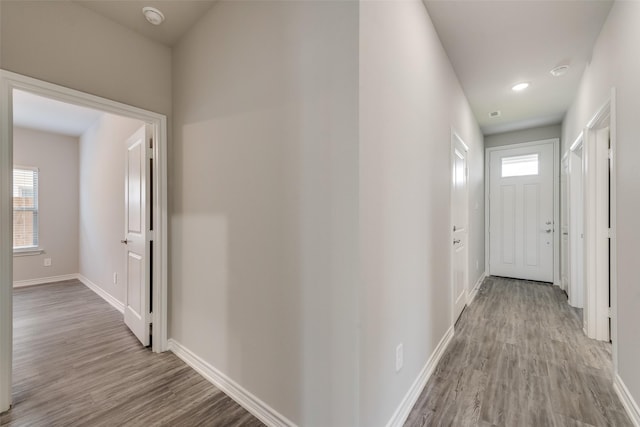 hallway with a wealth of natural light and light hardwood / wood-style flooring