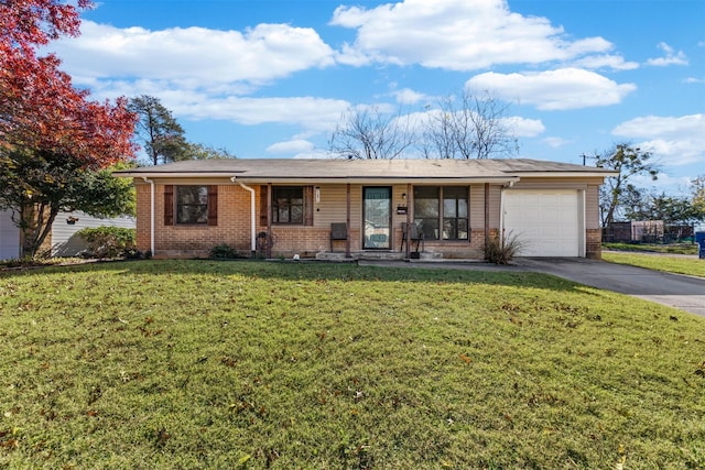 ranch-style home with a garage, a front lawn, and covered porch