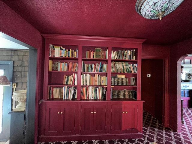 1828 Shepheard St, Fort Worth, TX 76114 - detailed view of arched walkways, a textured ceiling, carpet floors, and built in shelves