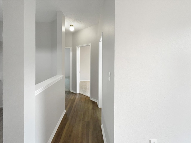 hallway with a textured ceiling and dark hardwood / wood-style flooring