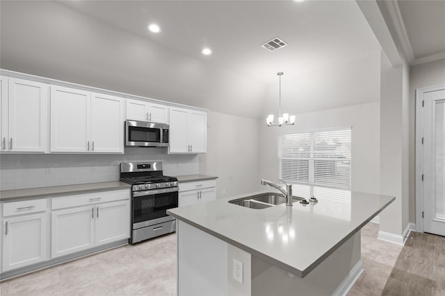 kitchen with sink, stainless steel appliances, white cabinets, and a center island with sink