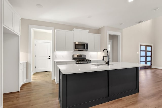 kitchen with appliances with stainless steel finishes, sink, a center island with sink, and white cabinets