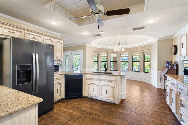 kitchen with dishwasher, stainless steel fridge with ice dispenser, dark wood-type flooring, and sink