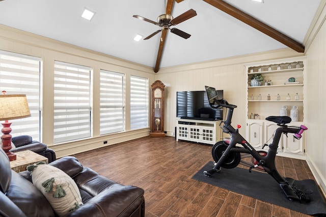 workout room featuring ceiling fan, dark hardwood / wood-style flooring, vaulted ceiling, and ornamental molding