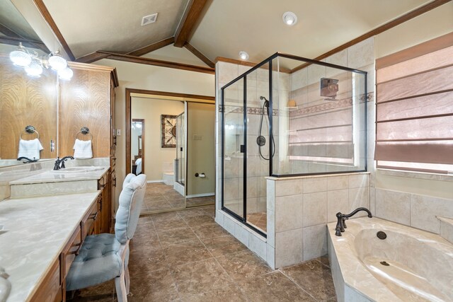 bathroom featuring vanity, lofted ceiling with beams, separate shower and tub, and ornamental molding