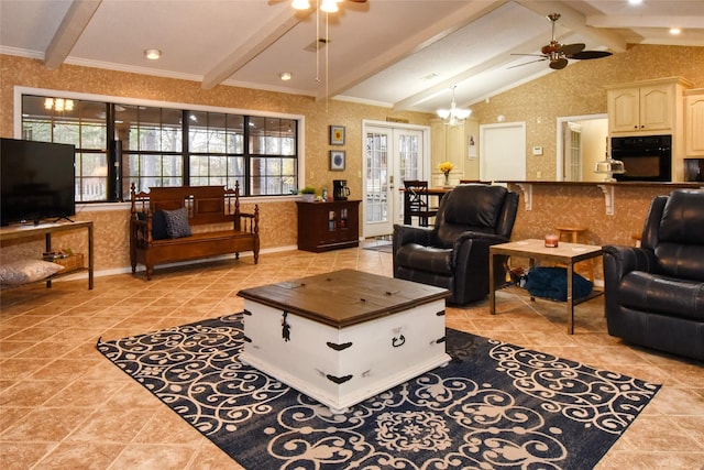 tiled living room featuring ceiling fan with notable chandelier, lofted ceiling with beams, ornamental molding, and french doors