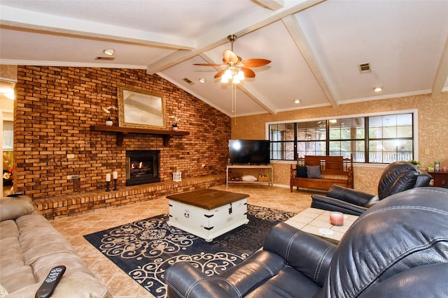 living room featuring ceiling fan, vaulted ceiling with beams, brick wall, a fireplace, and light tile patterned flooring