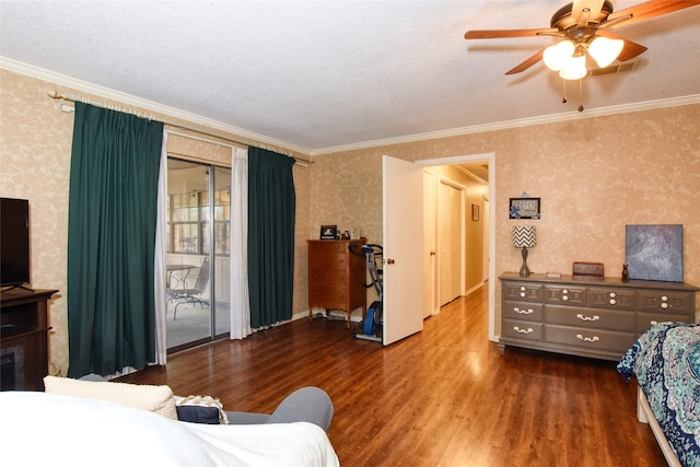 bedroom with wood-type flooring, access to outside, ceiling fan, and crown molding