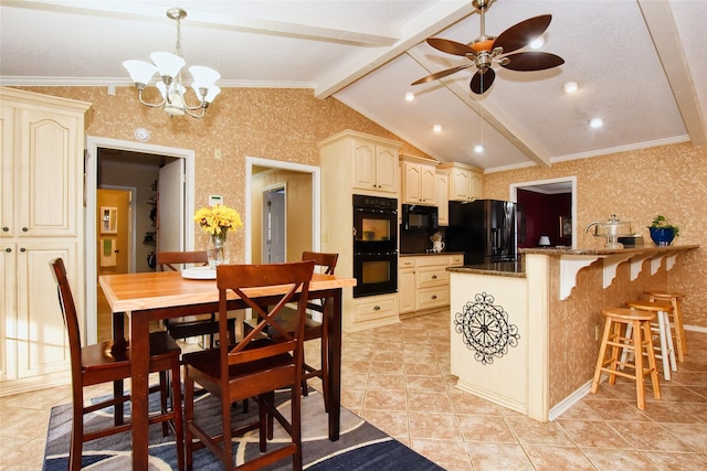 kitchen featuring lofted ceiling with beams, crown molding, dark stone counters, pendant lighting, and black appliances