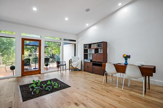 interior space with light hardwood / wood-style floors, ornamental molding, and high vaulted ceiling