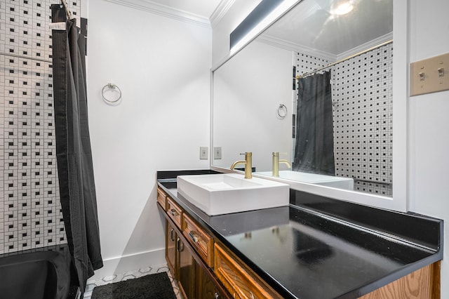 bathroom with crown molding, vanity, and shower / tub combo