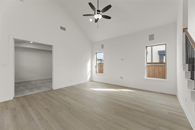 unfurnished living room featuring light hardwood / wood-style floors, high vaulted ceiling, ceiling fan, and a healthy amount of sunlight