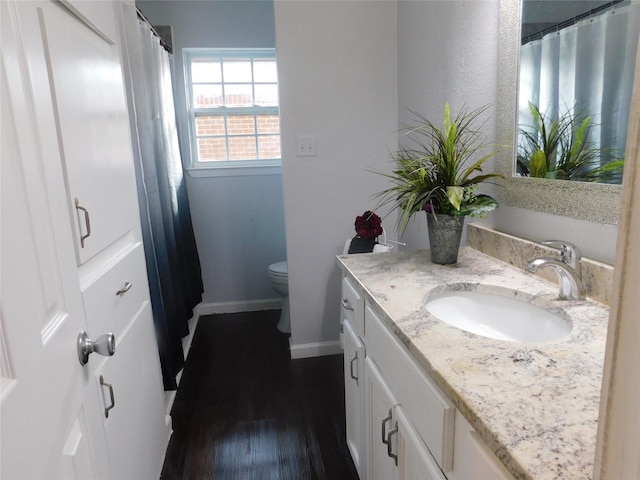 bathroom featuring hardwood / wood-style floors, vanity, and toilet