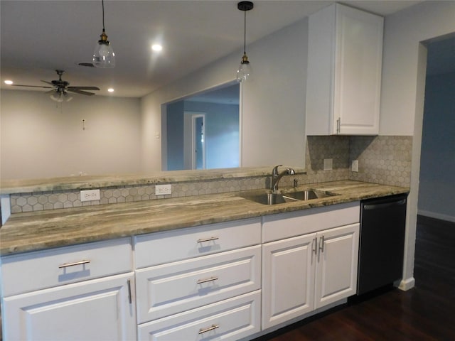 kitchen with decorative backsplash, ceiling fan, sink, dishwasher, and white cabinets