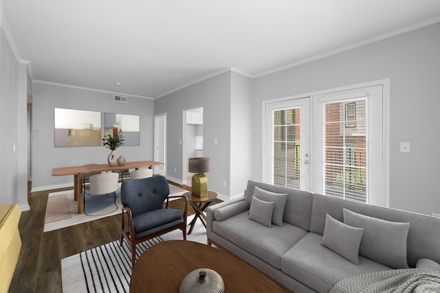 living room featuring visible vents, baseboards, ornamental molding, french doors, and wood finished floors