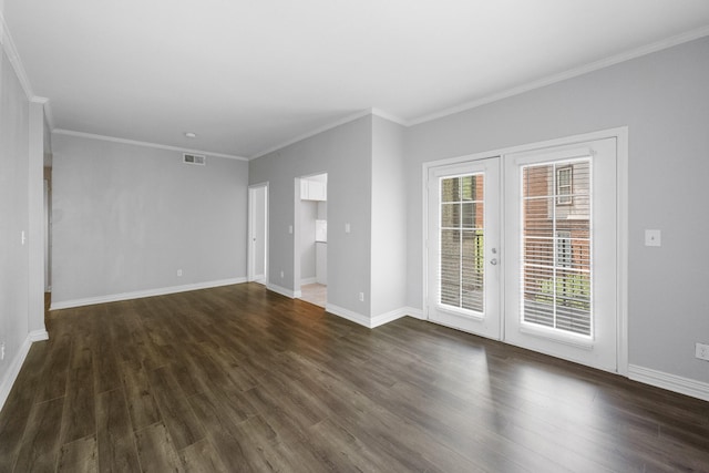 unfurnished living room with dark wood finished floors, visible vents, french doors, and baseboards