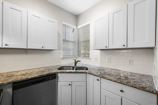 kitchen featuring a sink, stone counters, backsplash, and dishwasher