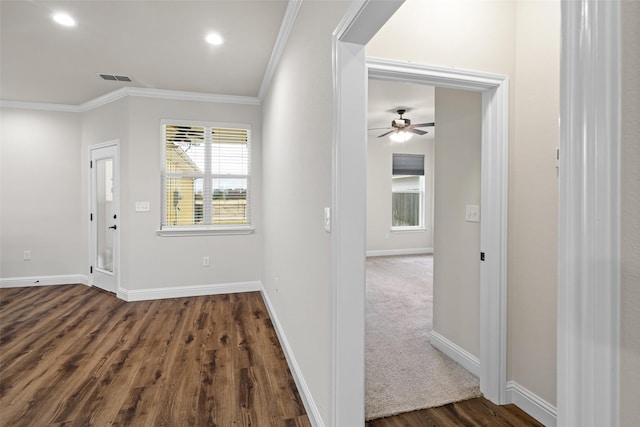 entryway with dark hardwood / wood-style flooring, ceiling fan, and crown molding