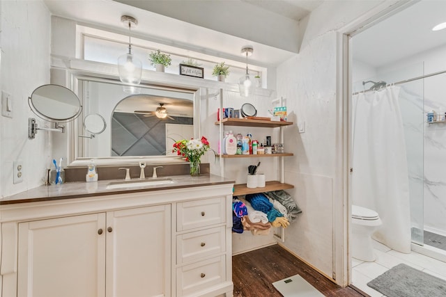 bathroom featuring vanity, ceiling fan, toilet, and walk in shower