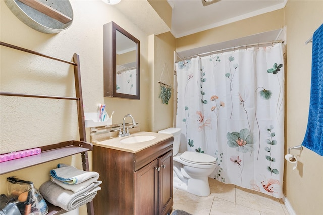 bathroom with tile patterned flooring, vanity, toilet, and curtained shower