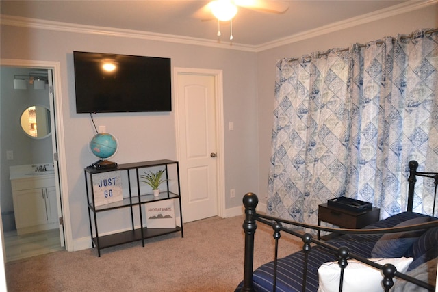 carpeted home office featuring ceiling fan and ornamental molding