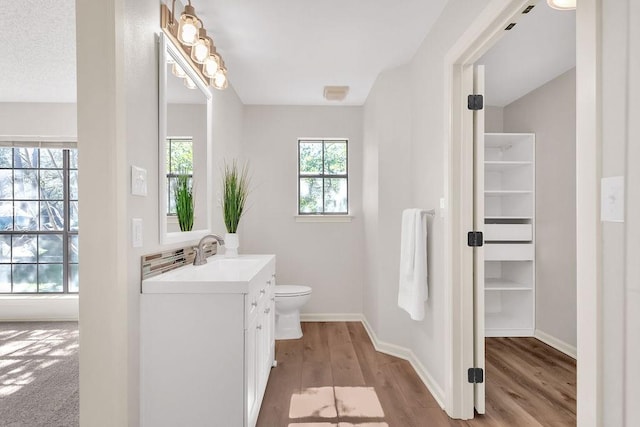 bathroom with wood-type flooring, vanity, and toilet