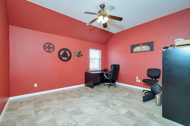 unfurnished office featuring ceiling fan and lofted ceiling