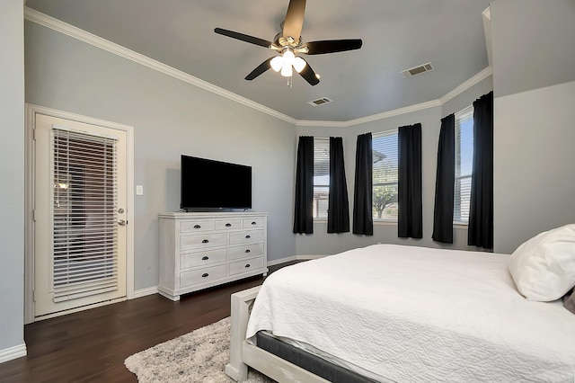 bedroom with ceiling fan, crown molding, and dark hardwood / wood-style floors