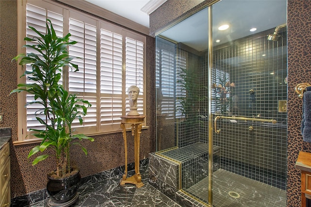 8181 Douglas Ave Unit 800, Dallas, TX 75225 - bathroom with marble tiled floors, vanity, a shower stall, and recessed lighting
