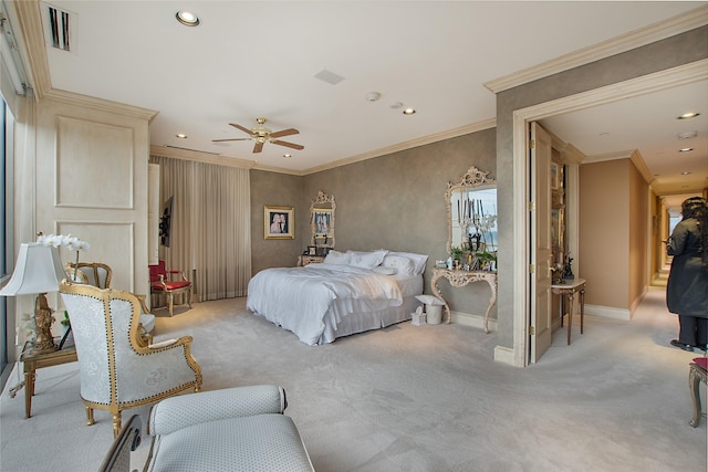 bedroom featuring light carpet, ornamental molding, and ceiling fan