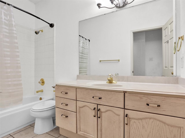 full bathroom with vanity, tile patterned floors, toilet, and shower / bathtub combination with curtain