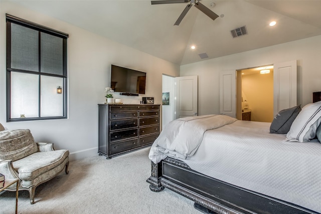 bedroom with baseboards, visible vents, a ceiling fan, carpet flooring, and recessed lighting