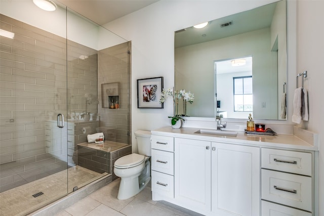 bathroom with visible vents, toilet, vanity, a shower stall, and tile patterned floors