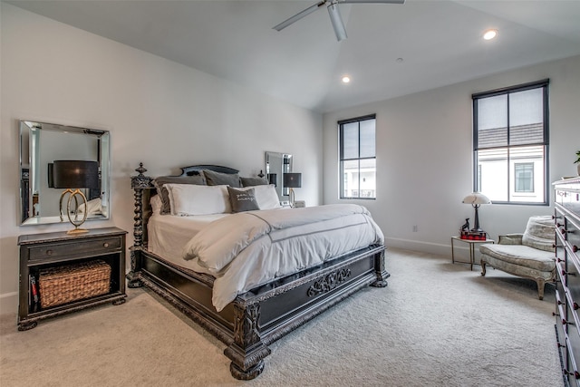 bedroom with recessed lighting, carpet flooring, a ceiling fan, baseboards, and vaulted ceiling