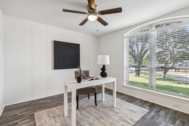 home office featuring ceiling fan, plenty of natural light, and dark wood-type flooring