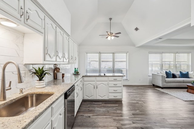 kitchen featuring white cabinets, dishwasher, dark hardwood / wood-style floors, and sink