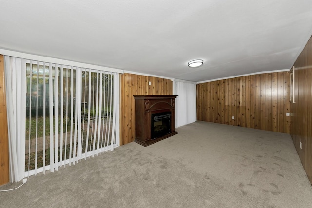 unfurnished living room featuring carpet floors and wood walls