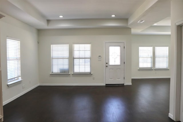 entrance foyer featuring a raised ceiling and dark hardwood / wood-style floors