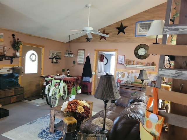 living room with lofted ceiling, concrete floors, and ceiling fan