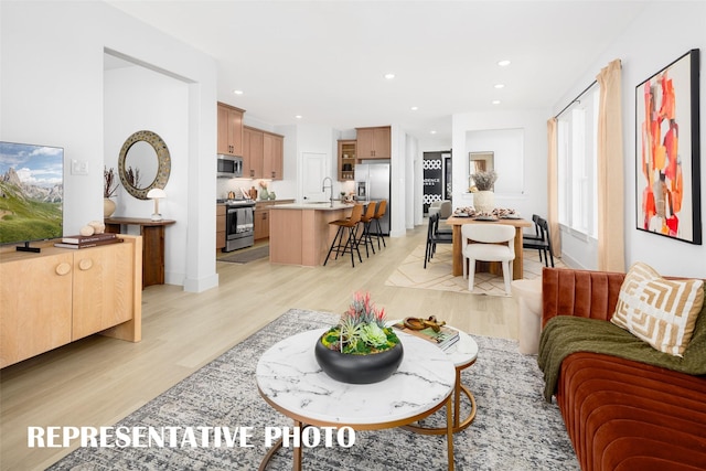 living room with light hardwood / wood-style flooring and sink